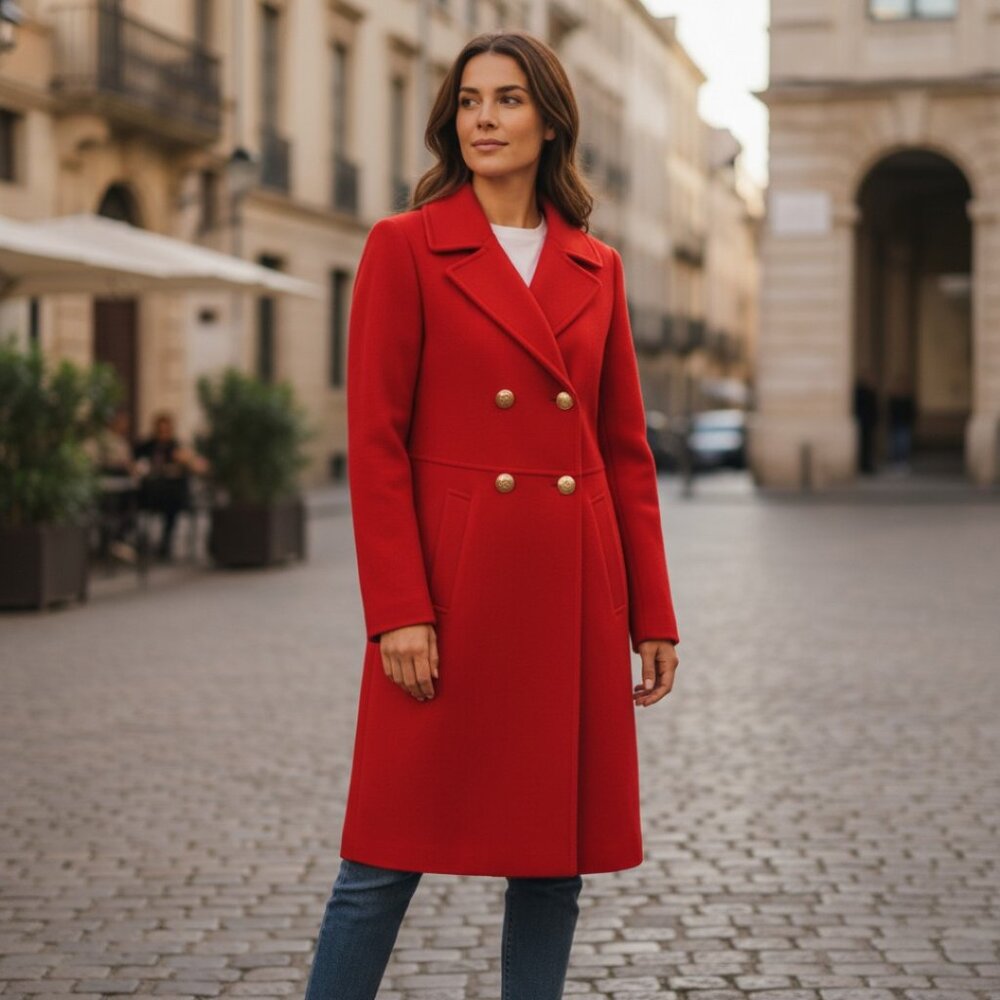 Diane Von Furstenberg Red Wool Double Breasted Notched Collar Coat Size 10.R